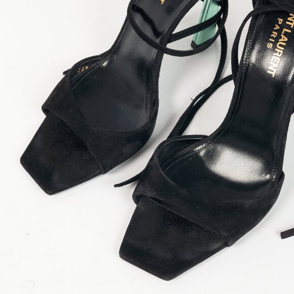Saint Laurent Paz Black Suede Lace-Up Green-Heeled Sandals - Picture 7 of 11